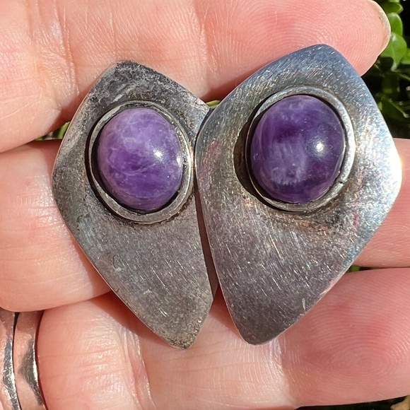 VINTAGE AMETHYST CABOCHON MODERNIST DESIGN LARGE STATEMENT EARRINGS 925 STERLING